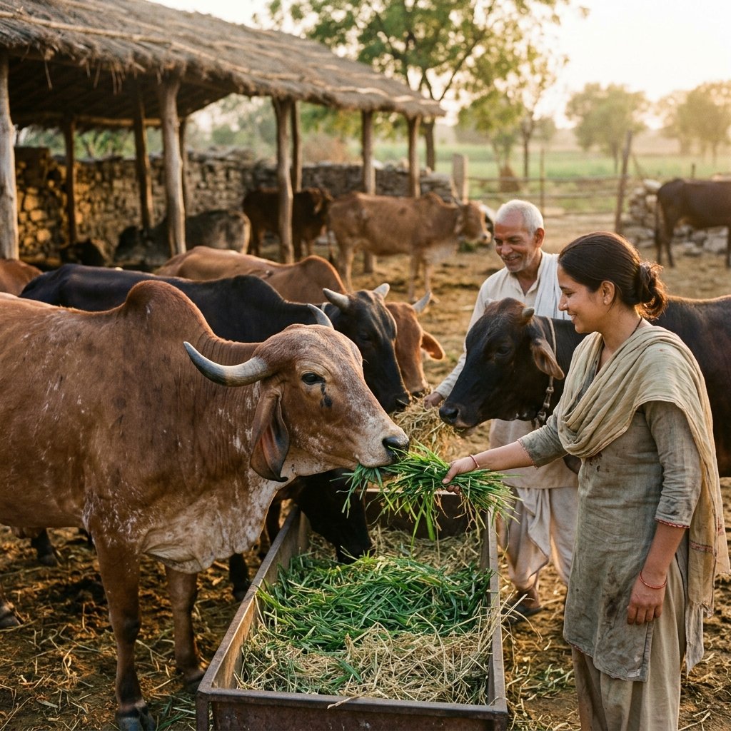Feeding cows at a gaushala